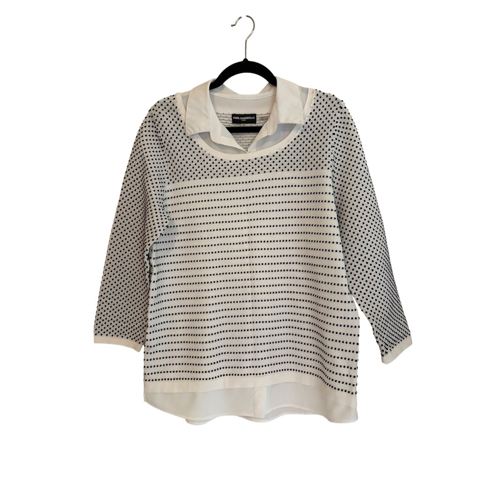 Karl Lagerfeld Paris Womens Layered Look Top White Black Dotted Stripe Medium